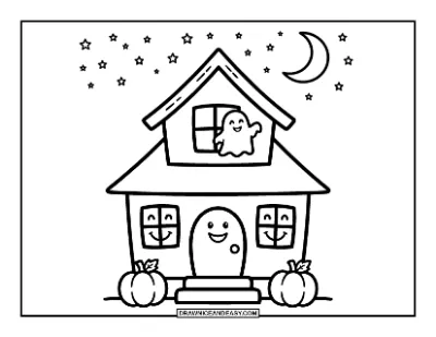 Cute Haunted House with Smiling Windows Coloring Page coloring page preview