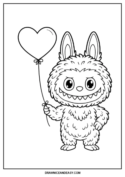 Cute Labubu Heart Balloon Coloring Page – Free PDF coloring page preview