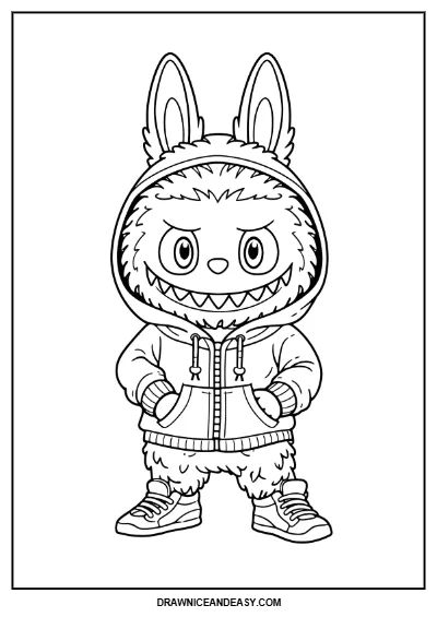 Cute Labubu Hoodie Fashion Coloring Page – Free PDF coloring page preview