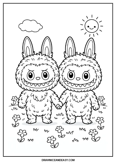 Cute Labubu & Zimomo Friends Coloring Page – Free PDF coloring page preview