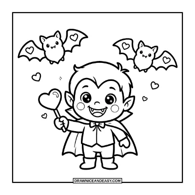 Cute Little Vampire with Tiny Fangs Coloring Page coloring page preview