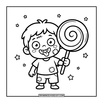 Cute Little Zombie Holding a Lollipop Coloring Page coloring page preview