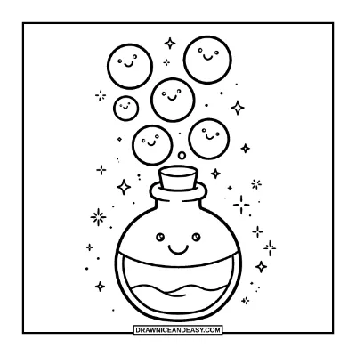 Cute Magic Potion Bottle with Happy Bubbles Coloring Page coloring page preview