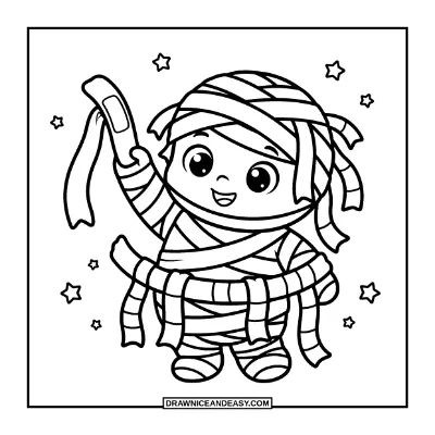Cute Mummy Peeking Through Bandages Coloring Page coloring page preview