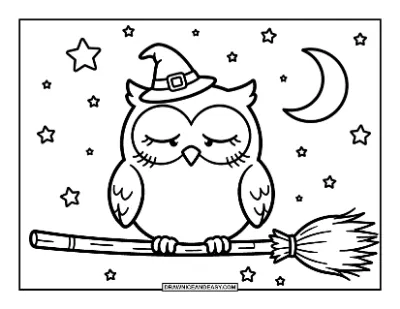 Cute Owl Wearing a Witch Hat on a Broomstick Coloring Page coloring page preview
