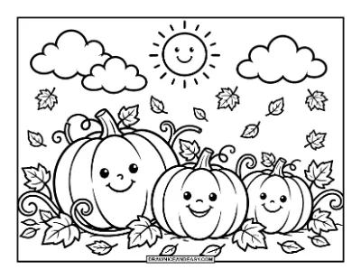 Cute Pumpkin Patch with Smiling Pumpkins Coloring Page coloring page preview