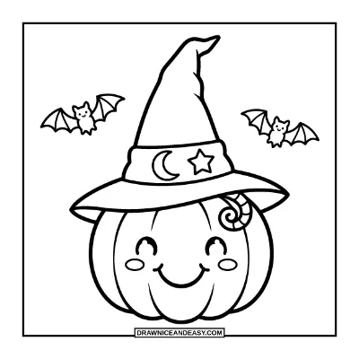 Cute Pumpkin Wearing a Witch Hat Coloring Page coloring page preview