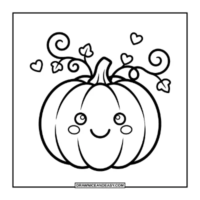 Cute Pumpkin with Heart Vines Coloring Page coloring page preview