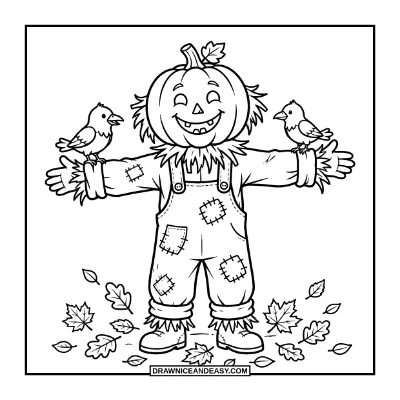 Cute Scarecrow with a Pumpkin Head Waving Hello Coloring Page coloring page preview