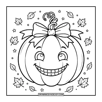 Cute Smiling Jack-o'-Lantern with a Bow Coloring Page coloring page preview
