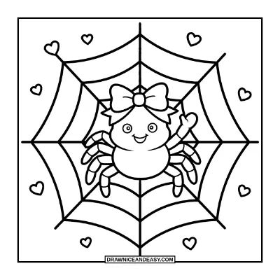 Cute Spider with a Bow on a Web Coloring Page coloring page preview