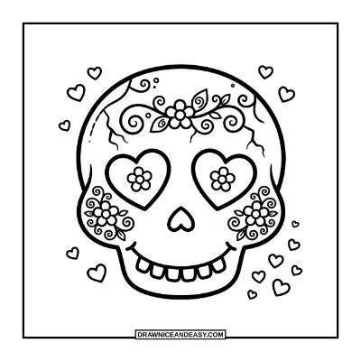 Cute Sugar Skull with Flowers Coloring Page coloring page preview