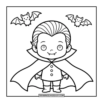 Cute Vampire Kid with Flowing Cape coloring page preview
