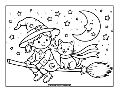Cute Witch and Cat Flying on a Broomstick Coloring Page coloring page preview