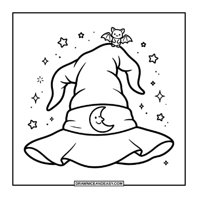 Cute Witch Hat with Stars and a Moon Coloring Page coloring page preview