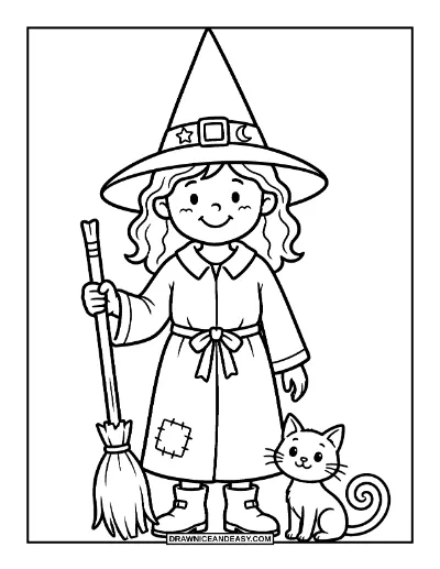Cute Witch Standing with Her Broom Coloring Page coloring page preview
