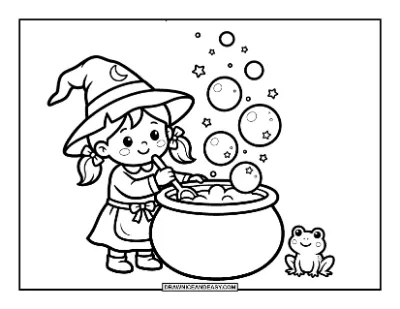 Cute Witch Stirring a Bubbly Cauldron Coloring Page coloring page preview