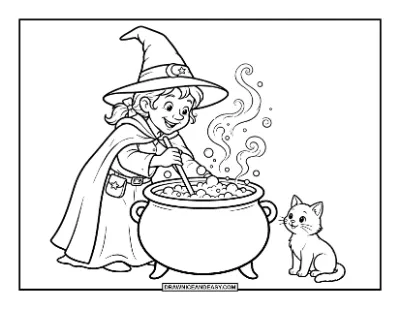 Cute Witch Stirring a Cauldron Coloring Page coloring page preview
