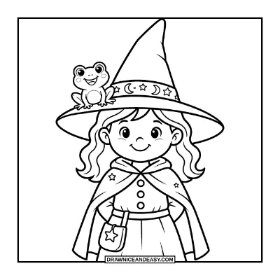 Cute Witch with a Frog Coloring Page coloring page preview