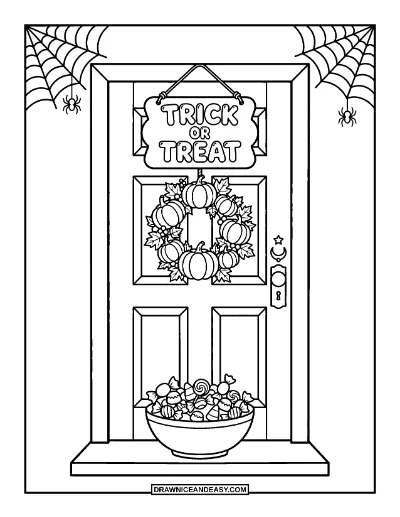 Decorated Front Door with Trick or Treat Sign coloring page preview