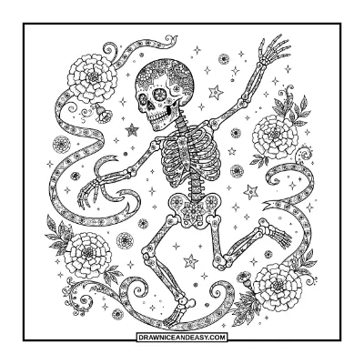 Decorative Dancing Skeleton Coloring Page coloring page preview