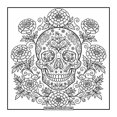 Decorative Skull with Flowers Coloring Page coloring page preview