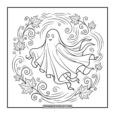 Detailed Ghost with Wind and Leaves Coloring Page coloring page preview