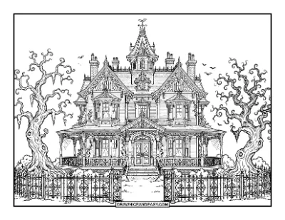 Detailed Victorian Haunted House Coloring Page coloring page preview