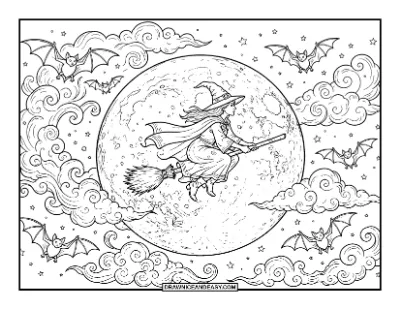 Detailed Witch Silhouette Across a Full Moon Coloring Page coloring page preview