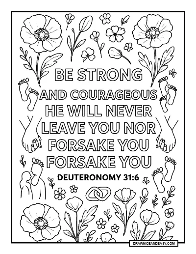 Deuteronomy 31:6 Be Strong and Courageous Bible Verse Coloring Page – Free PDF coloring page preview