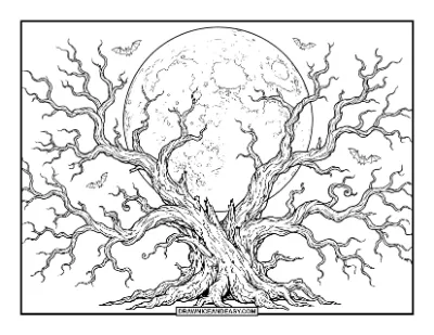 Eerie Full Moon Behind a Dead Tree coloring page preview
