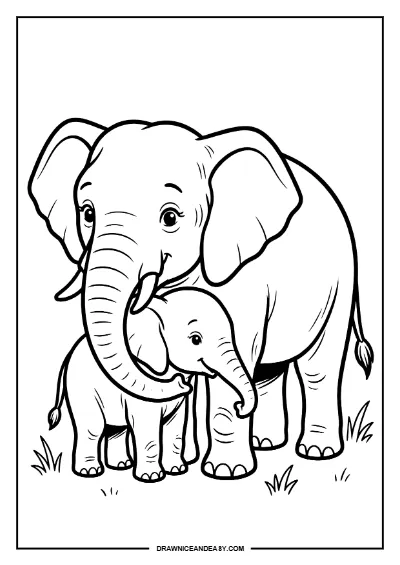 Elephant Mother and Baby Cute Mother's Day Coloring Page – Free PDF coloring page preview