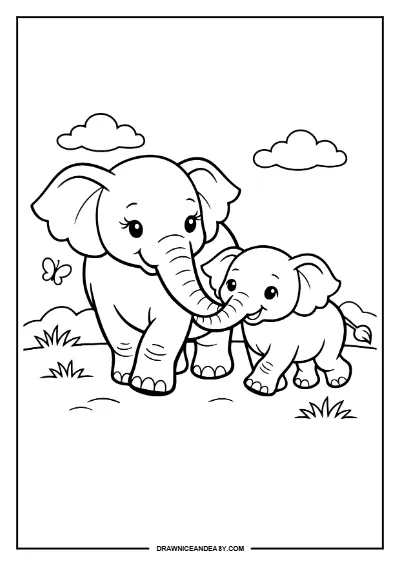 Elephant Mother Baby Mother's Day Coloring Page – Free PDF coloring page preview