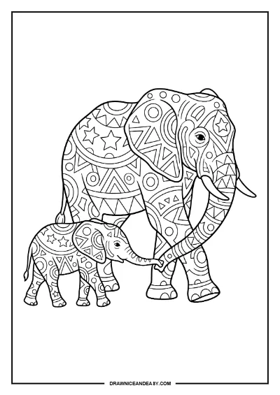 Elephant Mother Baby Pattern Mother's Day Coloring Page – Free PDF coloring page preview