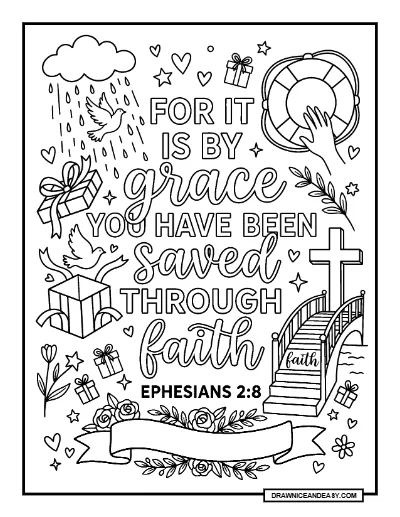 Ephesians 2:8 For by Grace You Have Been Saved Bible Verse Coloring Page – Free PDF coloring page preview