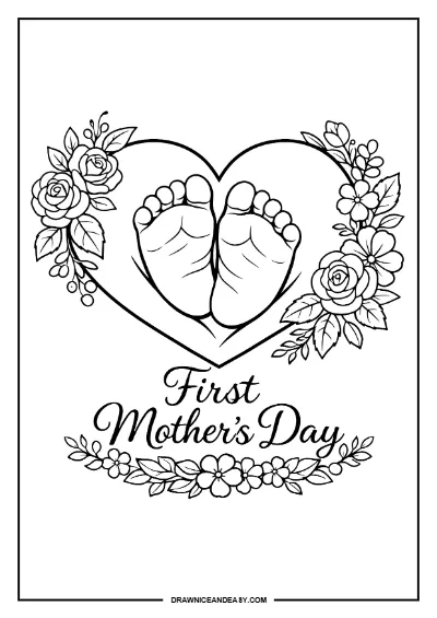 First Mother's Day Baby Feet Coloring Page – Free PDF coloring page preview