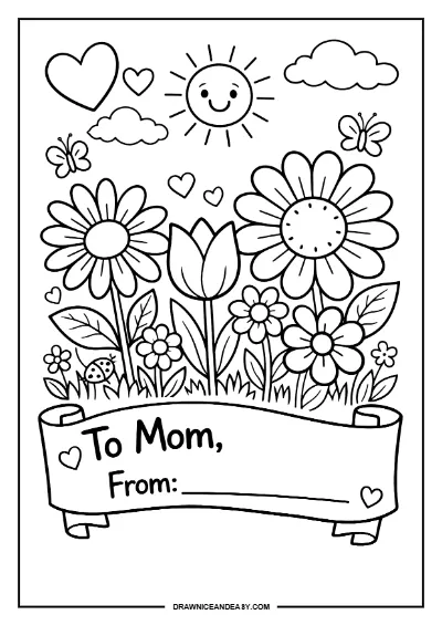 Flowers Happy Mother's Day Card Coloring Page – Free PDF coloring page preview