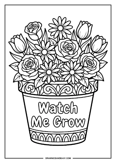 Flowers Watch Me Grow Mother's Day Coloring Page – Free PDF coloring page preview