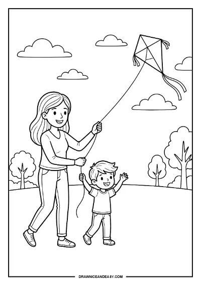 Flying Kite with Mom Mother's Day Coloring Page – Free PDF coloring page preview