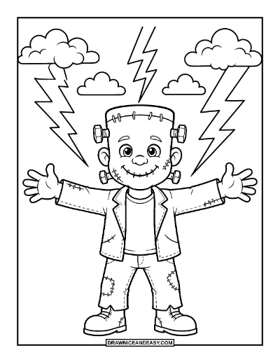 Frankenstein-Style Monster with Lightning Bolts coloring page preview
