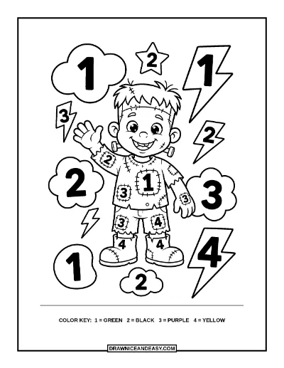 Friendly Frankenstein Color by Number Coloring Page coloring page preview