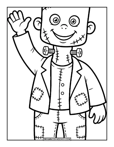 Friendly Frankenstein-Style Monster Waving coloring page preview