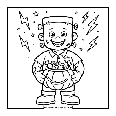 Friendly Frankenstein-Style Monster with a Candy Bucket Coloring Page coloring page preview