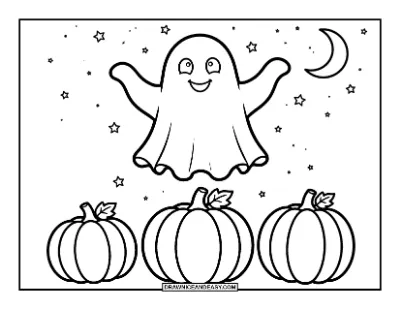 Friendly Ghost Floating Over a Pumpkin Patch Coloring Page coloring page preview