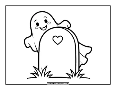 Friendly Ghost Peeking from Behind a Gravestone Coloring Page coloring page preview