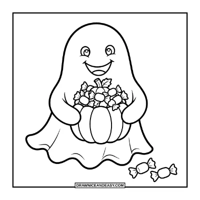 Friendly Ghost with a Candy Bucket Coloring Page coloring page preview
