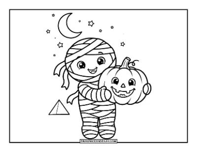 Friendly Mummy Holding a Jack-o'-Lantern Coloring Page coloring page preview