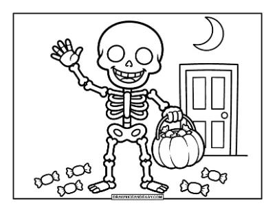 Friendly Skeleton Trick-or-Treating with a Candy Bucket Coloring Page coloring page preview