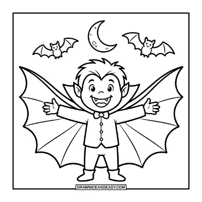 Friendly Vampire with a Cape Under the Moon Coloring Page coloring page preview