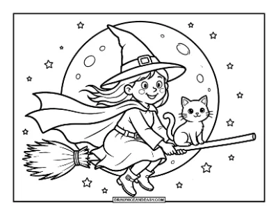 Friendly Witch Flying on a Broomstick Over the Moon Coloring Page coloring page preview